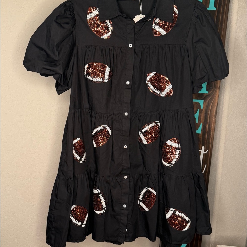 Black Tiered Mini Dress with Brown Sequin Football Appliqués